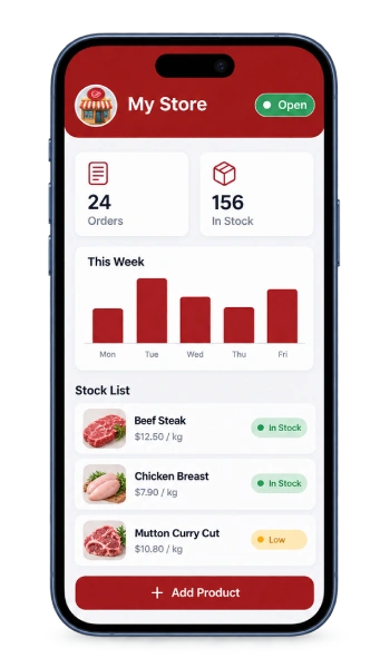 Meat store seller app dashboard screen